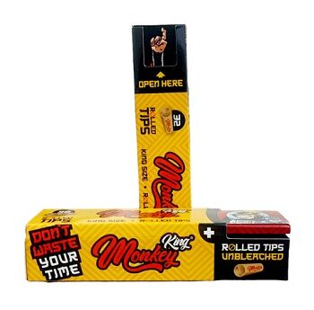 KING MONKEY DISPLAY PAPEL KING SIZE+ROLLED TIPS UNBLEACHED (12 ROLLEDPACK, 32 PAPELES+32ROLLED TIPS)