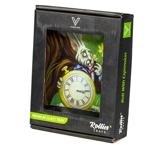 BANDEJA CRISTAL PEQUEA CONEJO BLANCO Y SU RELOJ 16X12CM