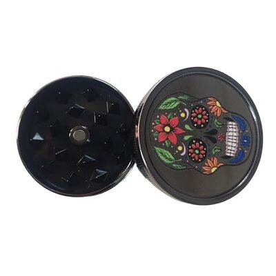 GRINDER PLÃSTICO PLATEADO 40MM CALAVERA COLORES/FLOR ROJA