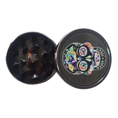 GRINDER PLÃSTICO PLATEADO 40MM CALAVERA/FLORES MULTICOLOR